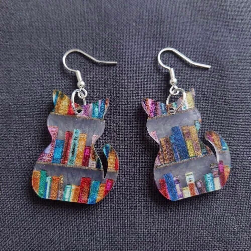 Cat Bookcase Design Earrings